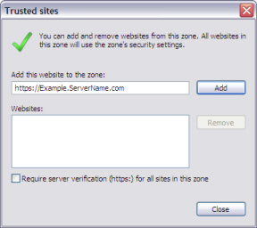 Example of the Trusted Sites Screen